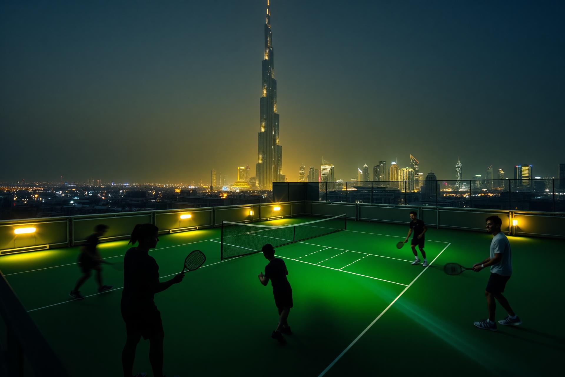 Players on a rooftop padel court with Dubai skyline at night